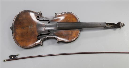 Attributed to Richard Duke. An antique violin with two piece back, back 37cm